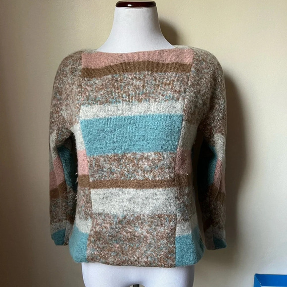 Thakoon Striped Printed Bateau Neckline Wool Silk Sweater, size 4 - Picture 2 of 7